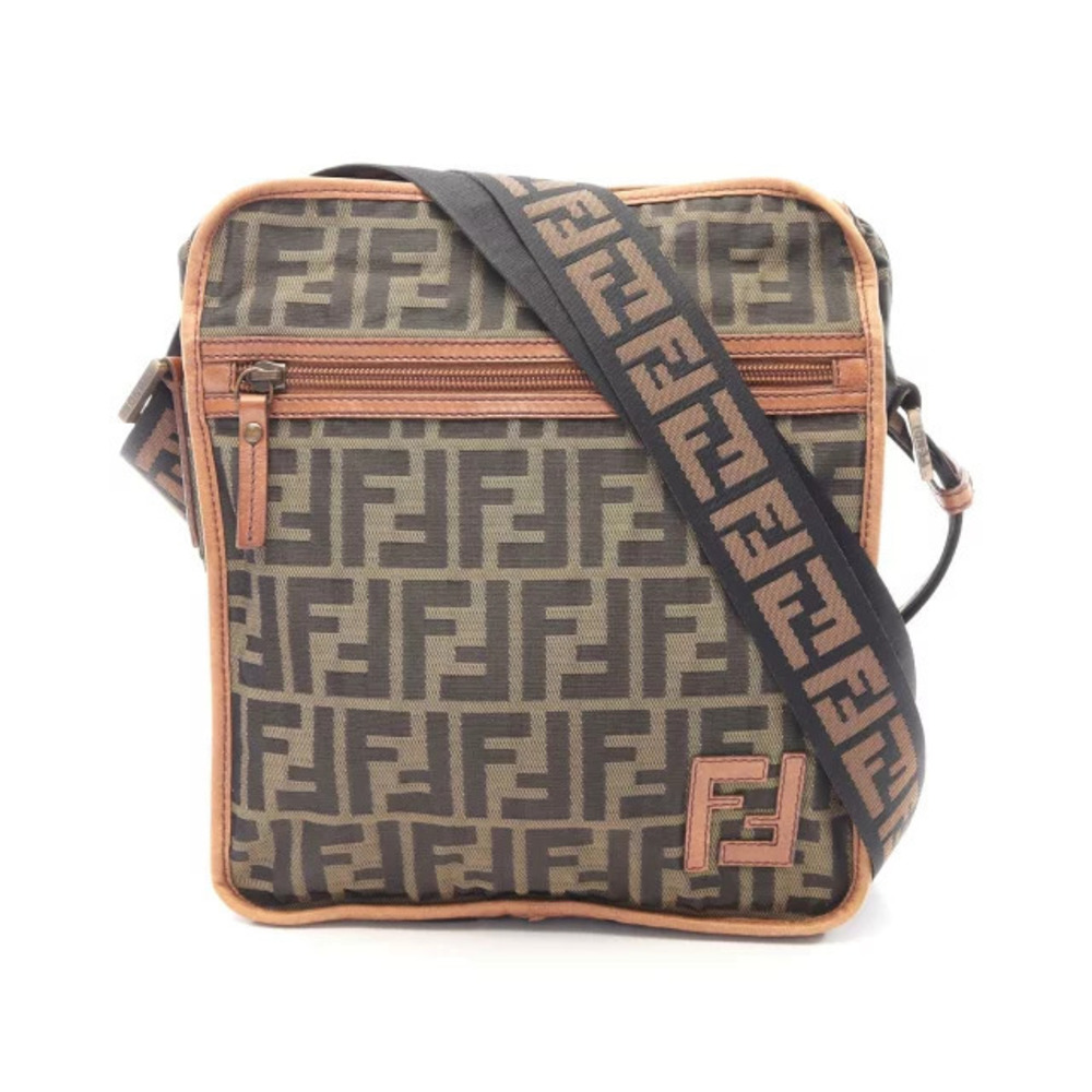 Fendi Zucca Shoulder Bag Canvas Leather Brown Black